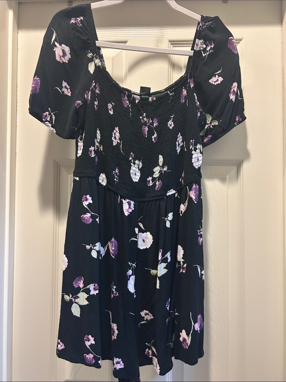 wild fable Black Floral Smocked Romper with Purple and White Flowers